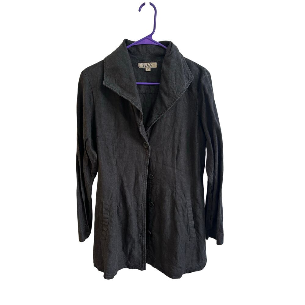 FLAX Black Linen Collared Button Up Jacket Sz P/4-6  Lagenlook Boho Chic GREAT!